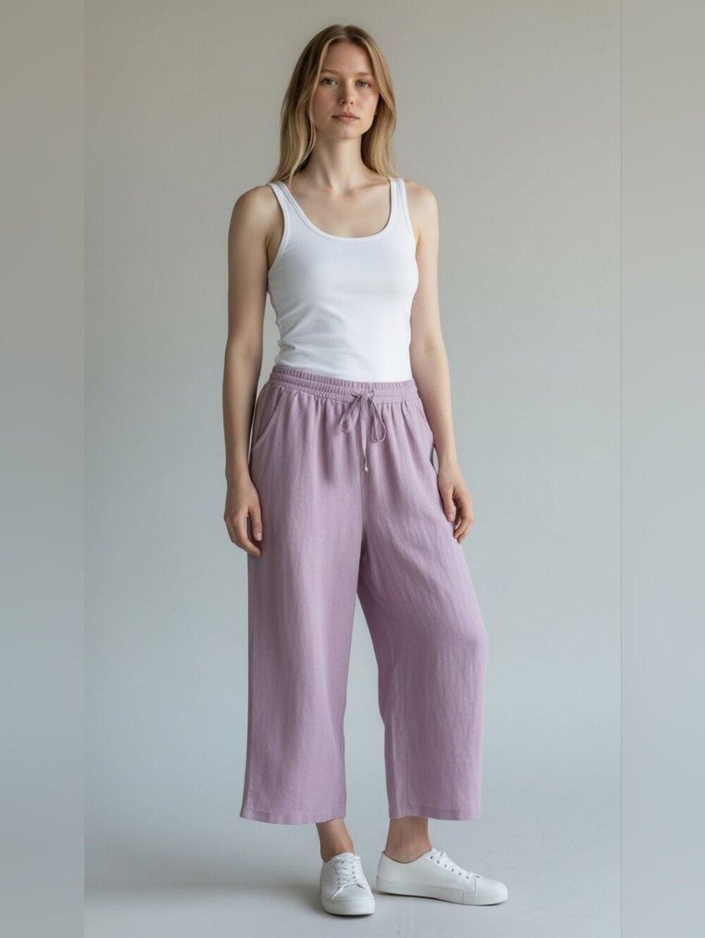 Lilac Wide-Leg Drawstring Cropped Pants Misses Size Small